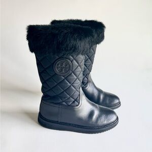 Tory Burch Black Leather Quilted Mid Calf Boots with Rabbit Fur Trim Size 9